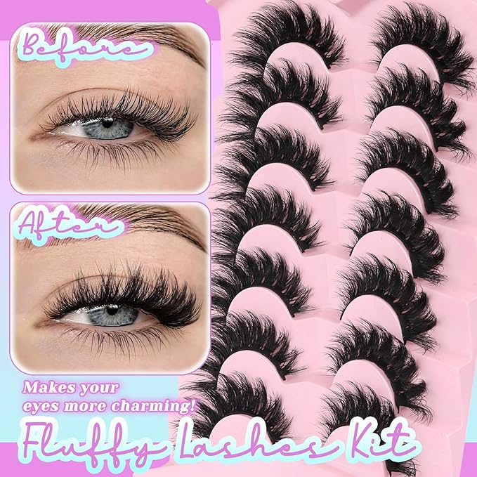 Losha Lashes Kit Volume False Eyelashes Fluffy Cat Eye Lashes 7 Pairs Crisscross Lashes Strips 8-18mm Thick Fake Eyelashes 3D Faux Mink Lashes (FC03 Kit)