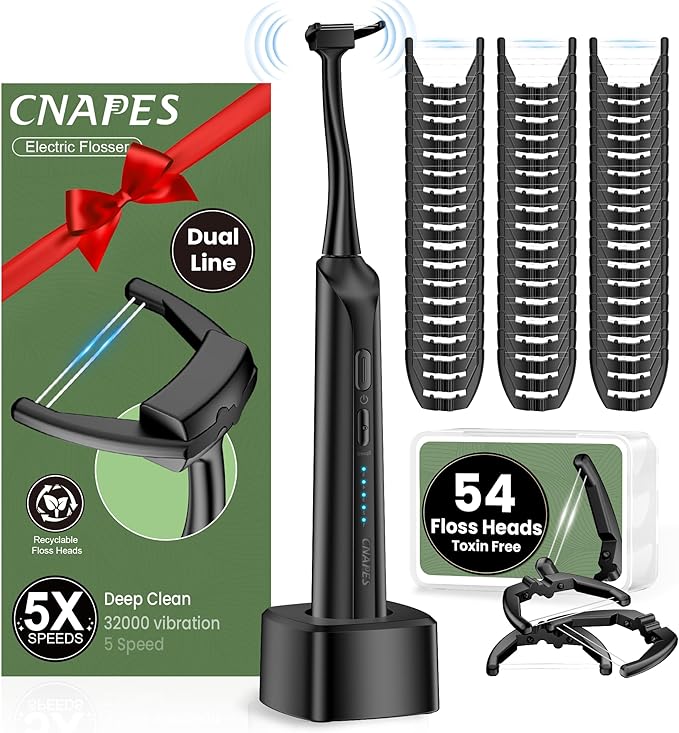 CNAPES Electric Flosser for Teeth with 54 Refill Heads +5 Speeds, Water Flosser Alternative, Easy Glide Flossing for Sensitive Gum, Rechargeable Oral Kit, 5X Cleaning, Portable Dental Floss Picks