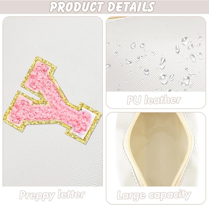 URSKYTOUS Initial Makeup Bag Personalized Preppy Travel Small Cosmetic Bag Cute PU White Chenille Letter Makeup Pouch for Purse Waterproof Zippered Toiletry Organizer for Women Girls Kids Friends (Y)