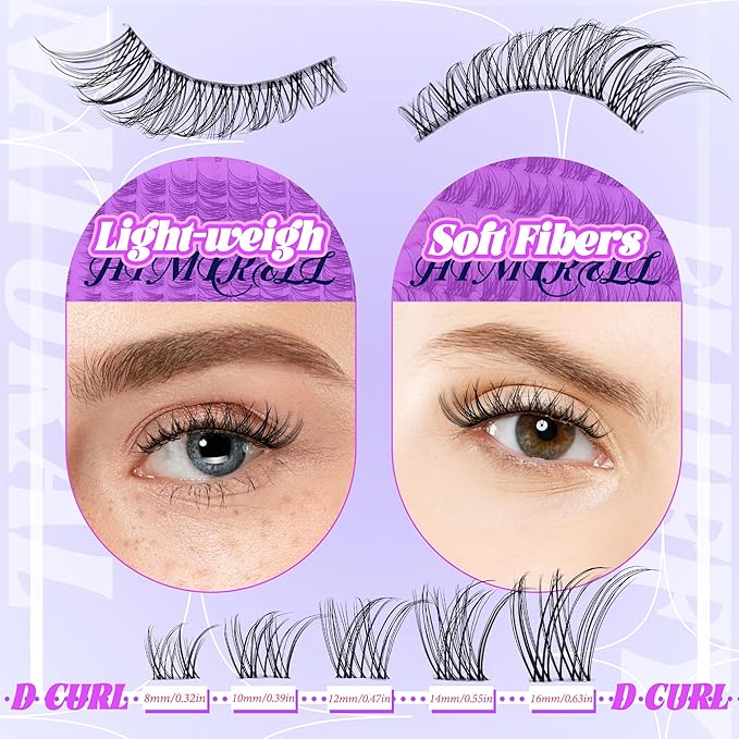 Natural Lash Clusters Kit Wispy Lash Invisible Lash Band Cluster Eyelash Extensions Kit 8-16mm Individual Lashes Extension DIY D Curl Eyelash with Waterproof Clear Lash Band Clusters