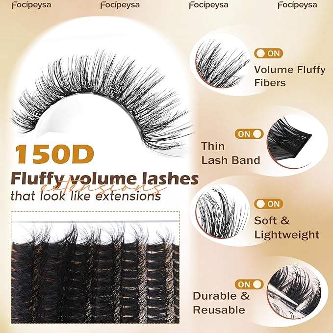 Focipeysa Full Volume Lash Extension Kit 200Pcs Lash Clusters Kit with Lash Bond and Seal and Lash Tweezers Lash Clusters DIY Eyelash Extensions Kit at Home (150D 10-18mm D Curly)