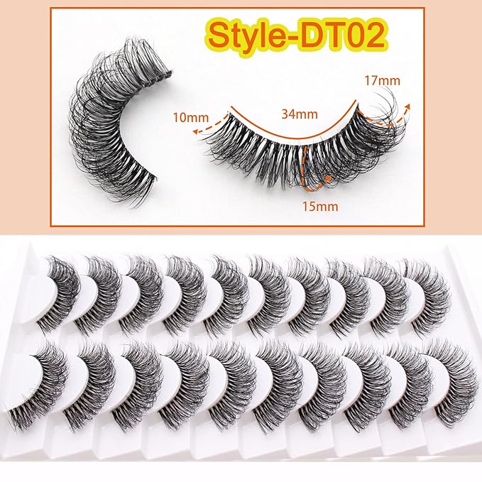 Veleasha Russian Strip Lashes with Clear Band Looks Like Eyelash Extensions D Curl Lash Strips 10 Pairs Pack (DT02)