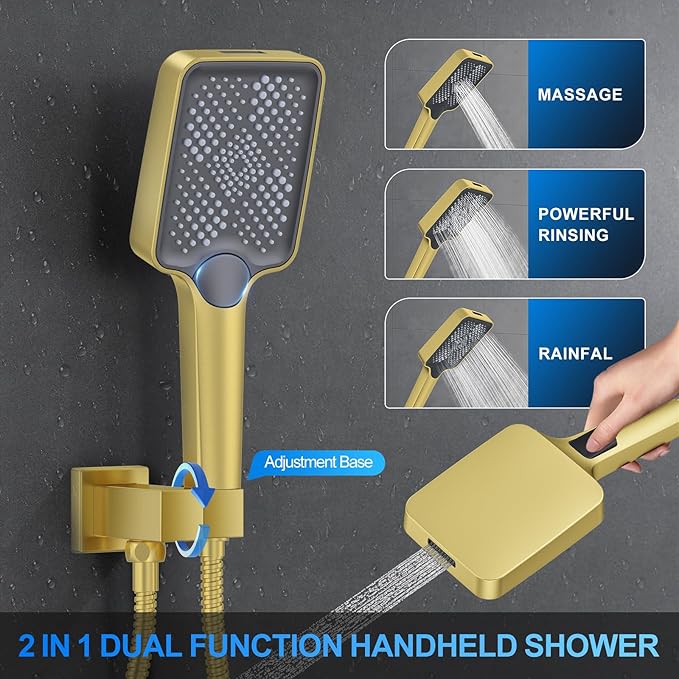 Shower Faucet Set, 12" Wall Mount Rainfall Shower System with 2 Rain Shower Head and Multi-function Handheld Head Push Button Diverter Shower Faucet Trim Kit, Brushed Gold