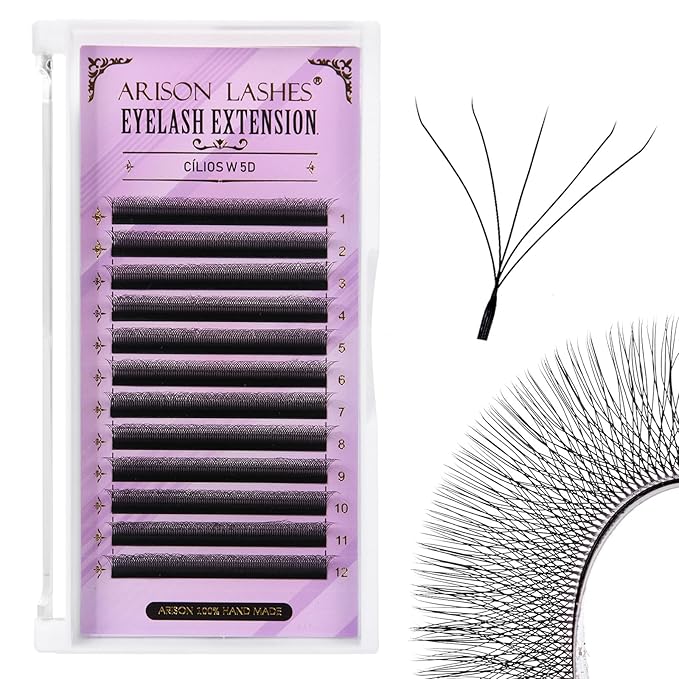 Arison Lashes 5D W Shape Eyelash Extension Natural Soft Volume Premade Fans Faux Mink Matte Black Cluster 12 rows(5DW-0.07-D-8mm)
