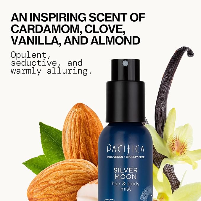 Pacifica Silver Moon Hair Mist Perfume & Full Body Spray for Women - Body Mist Fragrance w/BTonka, Santal, Cardamom, Vanilla Bean, Musk & Amber – Clean Beauty Alcohol-Free, Vegan & Cruelty-Free, 5 oz