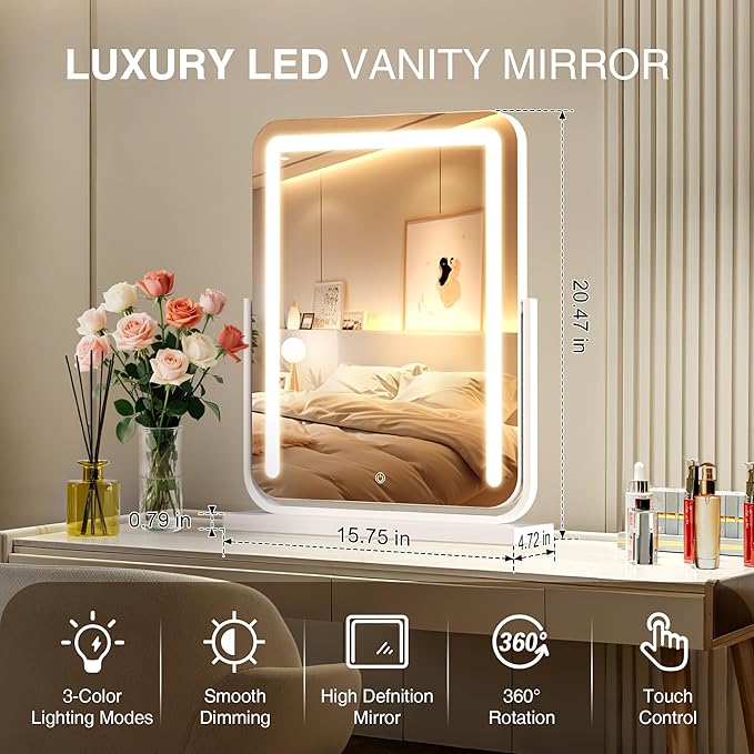 Lighted Makeup Mirror with Lights,Dimmable Touch Control Vanity Mirror for Desk/Bedroom, 360° Rotation,3 Color Modes for Flawless Application - Ideal Gifts for Her (White)