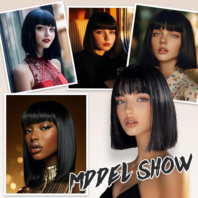 Black Wig With Bangs Short Bob Straight Wigs for Women Shoulder Length Black Natural Looking Synthetic Heat Resistant Fiber Wigs for Halloween Costumes Cosplay Daily Use(12 Inch)
