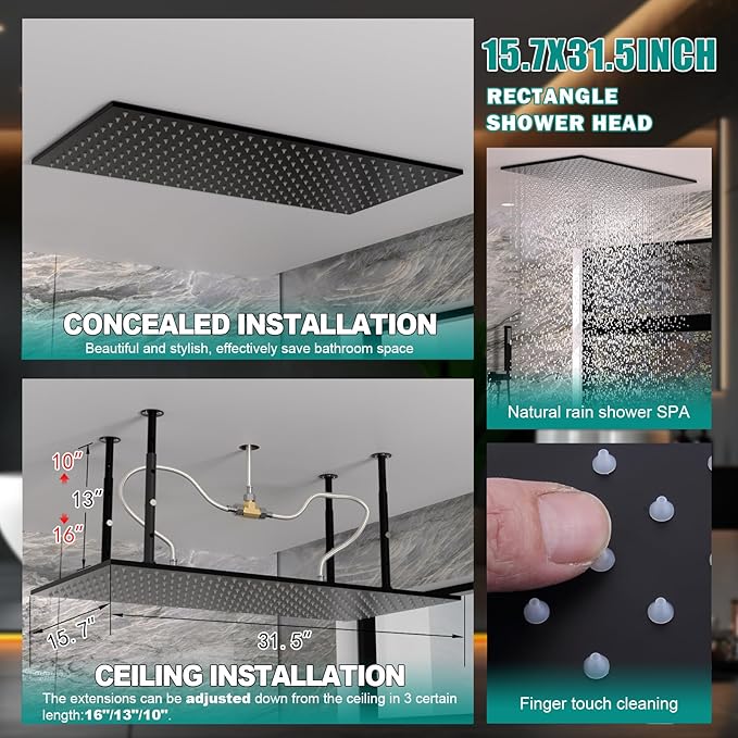 HOMEDEC 15.7x31.5" Ceiling Mounted Rainfall and 6" Wall Mounted Shower Heads with 6 Body Jets, Dual Shower Head System Rain Shower Faucet Set, Black