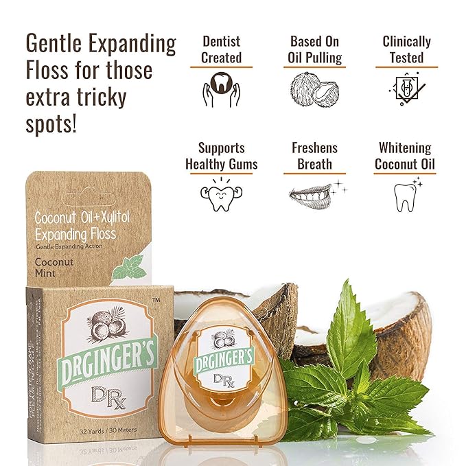 Dr. Ginger's White Charcoal Dental Floss - Expandable Floss - Mint - 32yds, 3 pcs - Tooth Floss