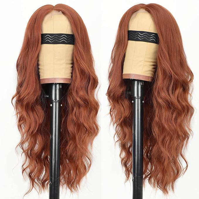 AISI HAIR Auburn Wigs for Women, Long Wavy Lace Hairline Middle Part Synthetic Heat Resistant Wig for Daily Party-26 Inch