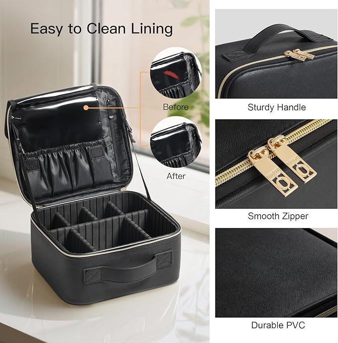 BEAUTY CASE Makeup Travel Case 10 Inch, Large Storage Capacity Makeup Organizer Travel Bag with Compartment, Portable Cosmetic Case for Women, Waterproof, Durable, Gift for Her, Black