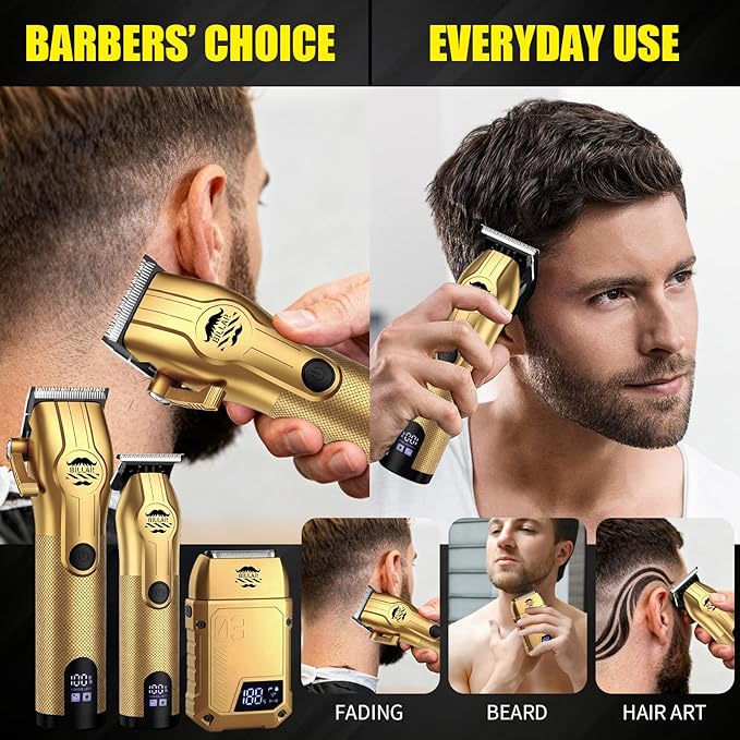 BILLAR® Professional Barber Clippers and Trimmer Set - Foil Shaver Professional Hair Clippers for Men, Mens Cordless Hair Clipper for Barbers Haircut Kit（Golden）
