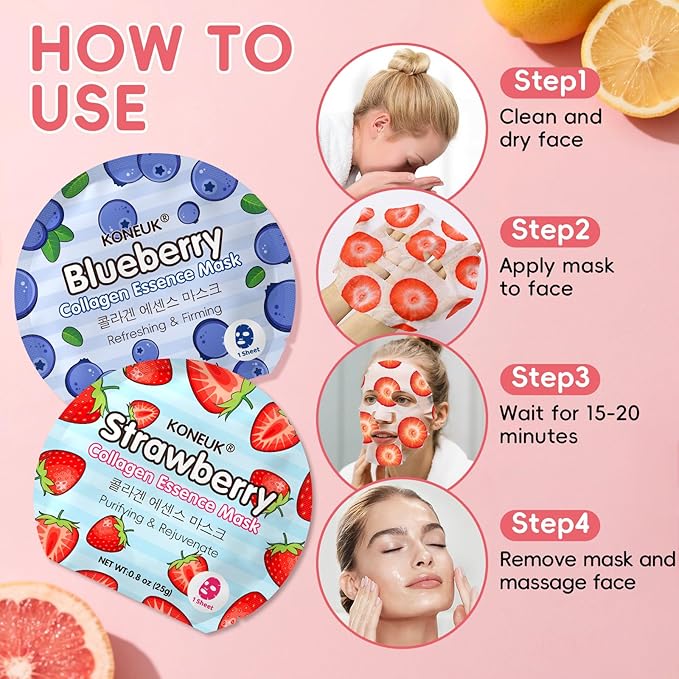 KONEUK 6 Pack Colorful Fruit Face Masks Skincare, Sheet Hydrating Face Mask, Collagen Facial Mask for Skin Care, Valentines Day Gifts for Her, Bulk Mothers Day Gifts and Spa Party Gifts