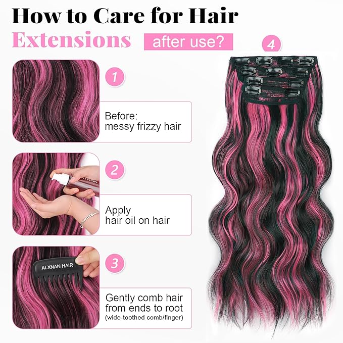 ALXNAN Clip in Long Wavy Synthetic Hair Extension 20 Inch Black Mix Rose Pink Highlights 4PCS Thick Hairpieces Fiber Double Weft Hair for Women