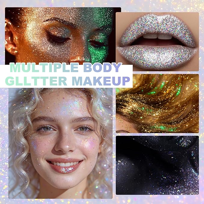 Mardi Gras Roll-on Holographic Body Glitter Gel for Women, Sparkle Chunky Glitter Makeup for Mardi Gras Christmas New Year Festival Halloween Party Rave, Face Glitter Makeup for Face Body Hair Lips