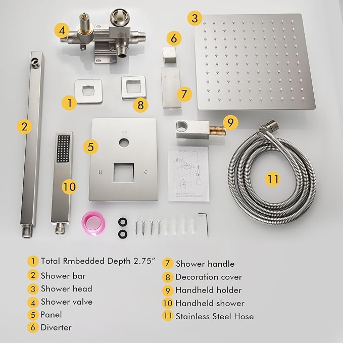 Fransiton Shower Faucet set with Shower head 12 Inches Rainfall Shower Head and Handle Set Single Handle Wall Mounted Shower System Set with Female Threads Valve Body(Brushed Nickel)