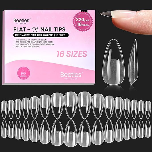 Beetles Gel Nail Tips Flat-X - Almond Medium, 320pcs 16 Sizes, Pre-Etched Half Matte Full Cover Soft Acrylic Press on False Nail Extension Tips Easy DIY Salon for Flat & Natural Nail Beds