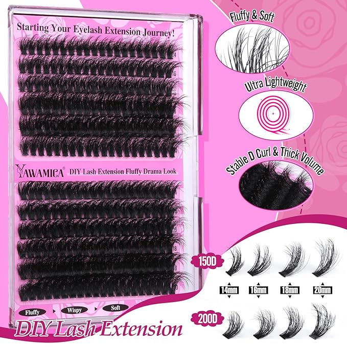 Yawamica Fluffier Lash Clusters Kit 150D+200D Thick Volume Lash Extension Kit 14-20mm Wispy Eyelash Clusters Individual Lashes Kit with Lash Bond, Lash Remover, Lash Applicator for DIY Lash Extension