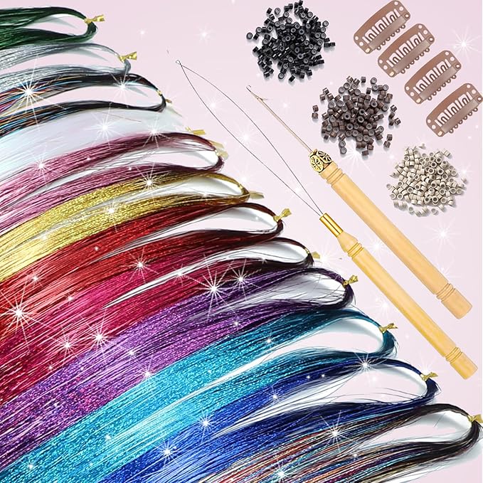 22 Colors Hair Tinsel Kit, 7800 Strands 48 Inch Glitter Tinsel Hair Extensions with Tools, Heat Resistant Sparkling Fairy Hair Accessories for July Fourth Cosplay Party Festival (22 Colors)