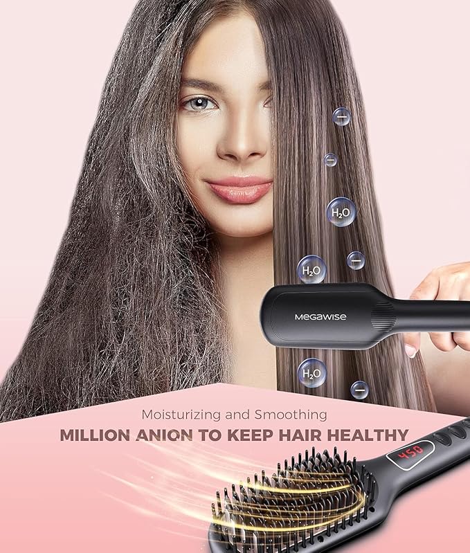 MEGAWISE Pro Ceramic Ionic Hair Straightener Brush for Home Salon | MCH Fast 20s Heating Tech with Auto-Off Safety | Anti-Scald with Universal Dual Voltage | Rotatable Power Cord