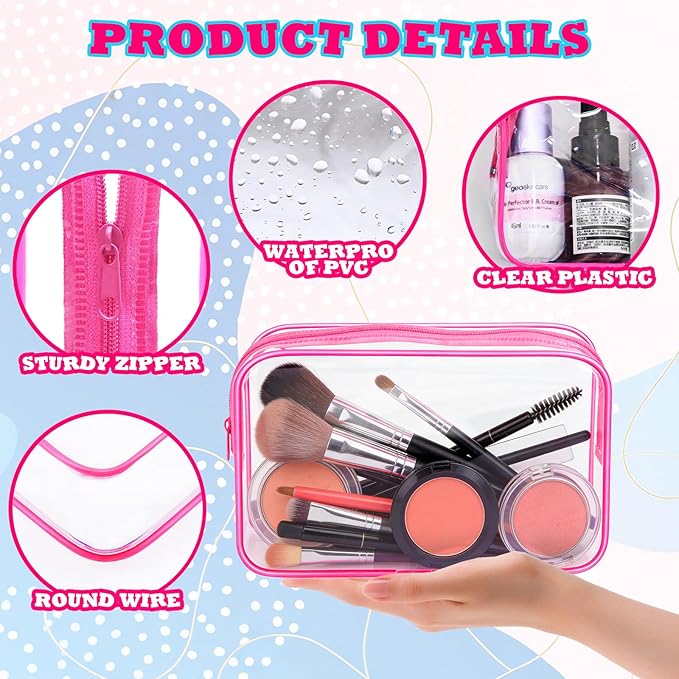 Eilyliafe 12PCS Clear Cosmetic Bag Transparent Makeup Bag for Women Men Waterproof Travel Makeup Clear Toiletry Organizer Cosmetic Storage Pouch Case with Zipper (Rose Red, Medium)