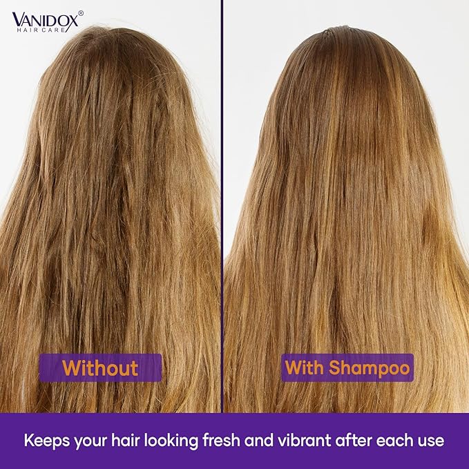 VANIDOX Sulfate Free Brass Toning Purple Shampoo and Conditioner Set for Blondes, Brown Highlighted, or Bleached Hair, Shampoo for Blondes Infused with Purple Rice Extract (16 fl oz each)