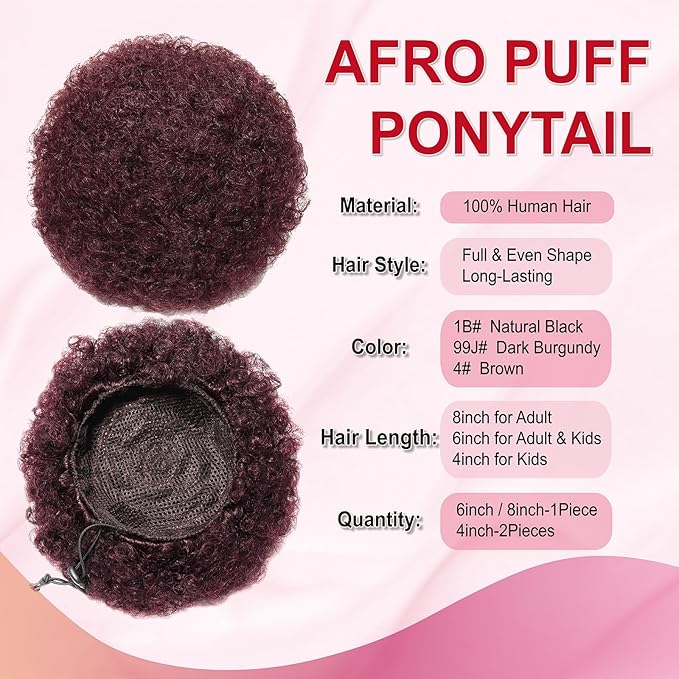 Afro Puff Ponytail Extension Wigs for Black Woman, 99J Burgundy 100% Human Hair 8 Inch Afro Puff Curly Kinky Drawstring Ponytail Bun Short Hair Extensions Clip On Ponytail Bun Hairpieces Updo Wigs