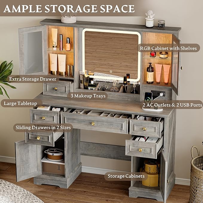 Makeup Vanity Desk with HD Lighted Mirror & Power Outlet, Farmhouse Vanity Table Set with Storage Drawers & RGB Cabinets, Large Dressing Table with 3 Lighting Modes for Women Kids Girls Bedroom, Grey