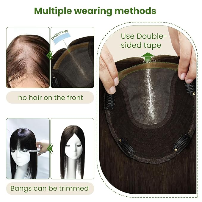 HAIR Toppers for Women Real Human Hair 6x7 inch 150 Density Base 14 inch 65 grams darkest brown Human Hair Topper for Women with Thinning Hair(#2 14inch)