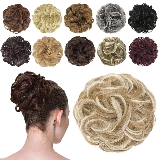 FESHFEN Messy Bun Hair Piece - Wavy Synthetic Chignon Scrunchies for Instant Volume, Elastic Bun Ponytail Hair Extensions Thick Hairpieces for Women, Dirty Blonde 1.50 oz