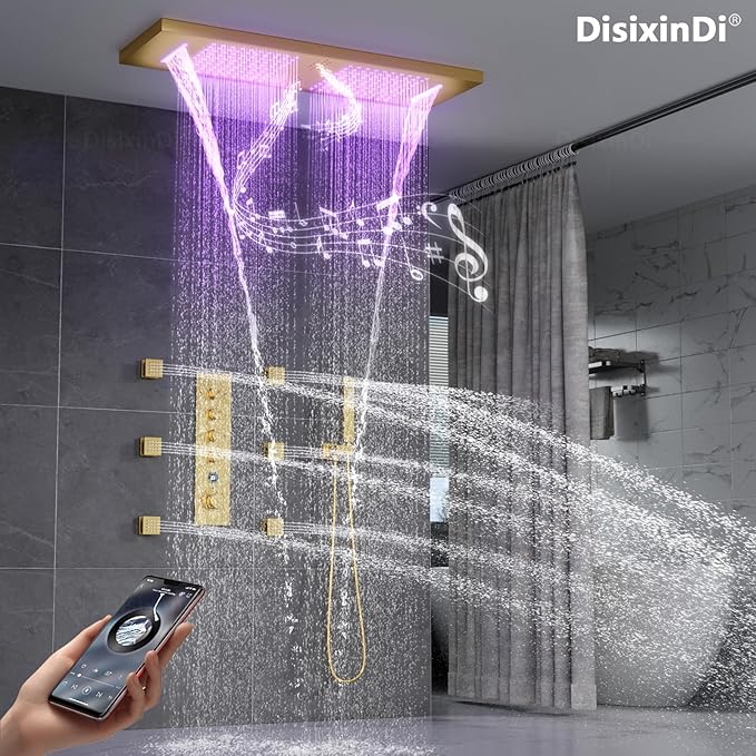 35.5X12 Inch Ceiling LED Music Dual Rain Shower Head Fit 2 Person Bathroom, Smart Large Luxury Thermostatic Rainfall Shower System Fixtures Set (Brushed Gold, Shower System With Body Jets)