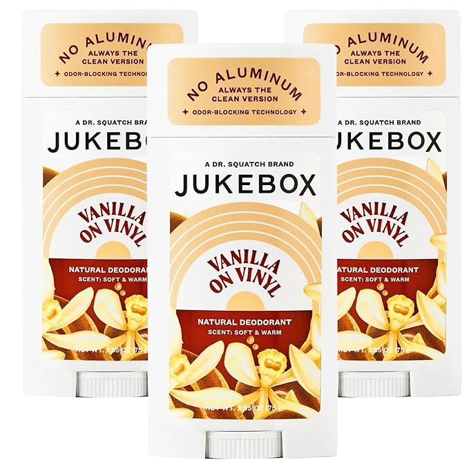 JUKEBOX Natural Deodorant for Women–Vanilla on Vinyl-Aluminum-Free, No Baking Soda, No Harsh Chemicals, Odor Blocking Technology, Vanilla Bean, Ylang Ylang, Amber-a Dr. Squatch Brand-2.65oz, 3 Pack