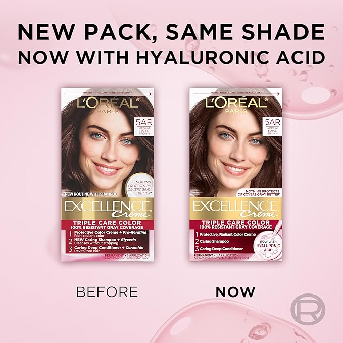 L'Oreal Paris Excellence Crème Permanent Hair Dye, Triple Care Hair Color with Hyaluronic Acid for 100% Gray Coverage, 5AR Medium Maple Brown, 1 Kit (Pack of 2) (Packaging May Vary)