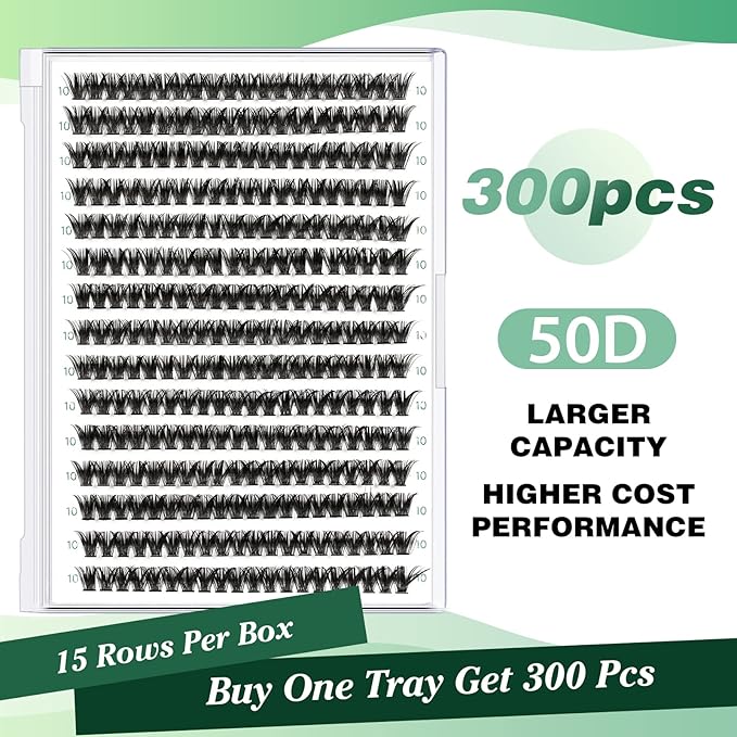 Lash Clusters 300pcs Eyelash Clusters 50D 0.07D Curl 10mm DIY Eyelash Extension KEYYOU Large Tray Volume Soft&Natural Individual Lashes(50D-0.07D,10)