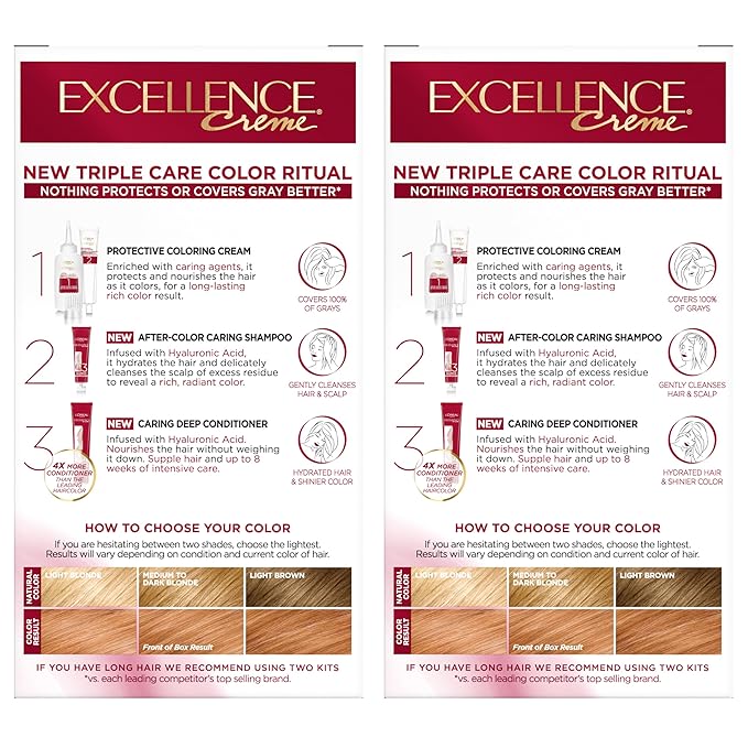 L'Oreal Paris Excellence Crème Permanent Hair Dye, Triple Care Hair Color with Hyaluronic Acid for 100% Gray Coverage, 8RB Reddish Blonde, 1 Kit (Pack of 2) (Packaging May Vary)