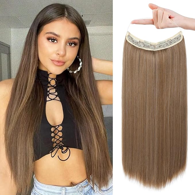 REECHO Invisible Wire Hair Extensions with Transparent Headband Adjustable Size Removable Secure Clips in Straight Secret Hairpiece for Women (24 Inch (Pack of 1), Dark Blonde)