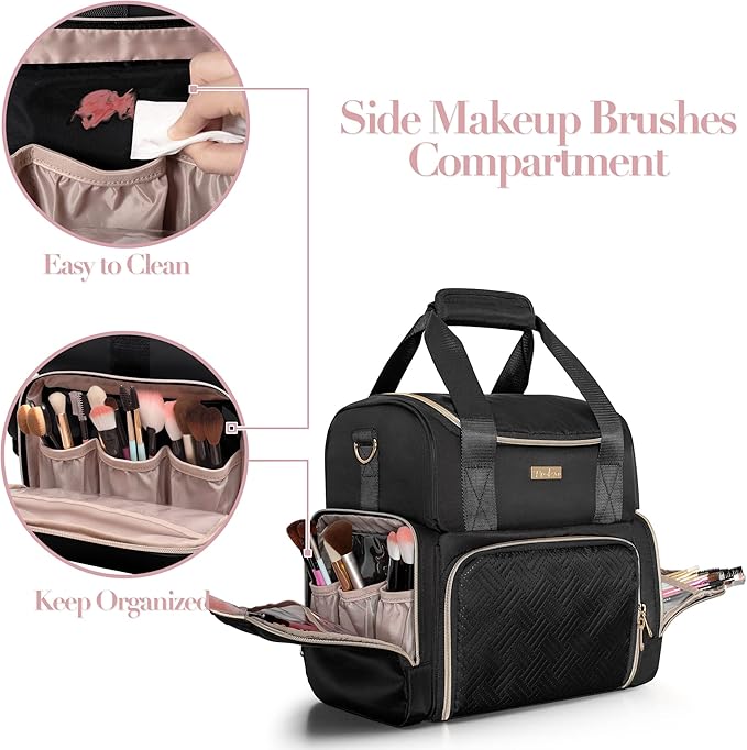 Prokva Large Cosmetic Bag with 3 Removable Case, Double Layer Travel Organizer with Inner Dividers and Makeup Brushes Storage Section, Black (Patented Design)