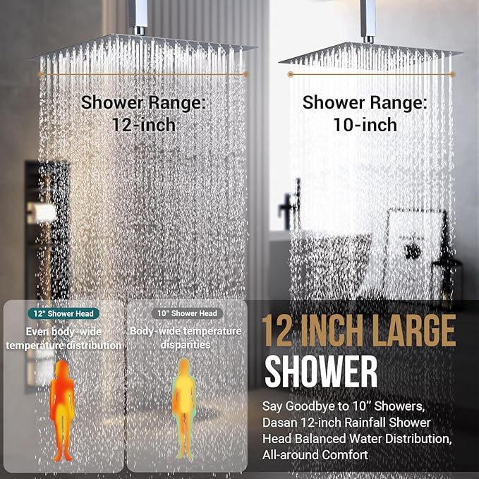 DASAN Full Body Shower System with 6 PCS Body Spray Jets & 12'' Rain Shower Head & Handheld, Ceiling Mount Rain Shower System Polished Chrome Shower Faucets Sets Complete with Valve, SA-SS03ACH-S12C