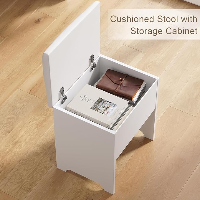 Vanity Desk with LED Mirror and Lights, Makeup Vanity Set with Chair, Power Outlet, Drawers, Cabinet, Dressing Table with Open Storage Shelves and for Bedroom, Dressing Room, White