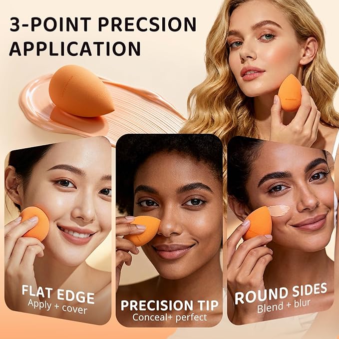 MusingFairy Makeup Blending Sponge with Travel-Friendly Acrylic Holder,Latex-Free Beauty Blender for Flawless Matte Finish, Easy to Clean,Orange 1 Pack