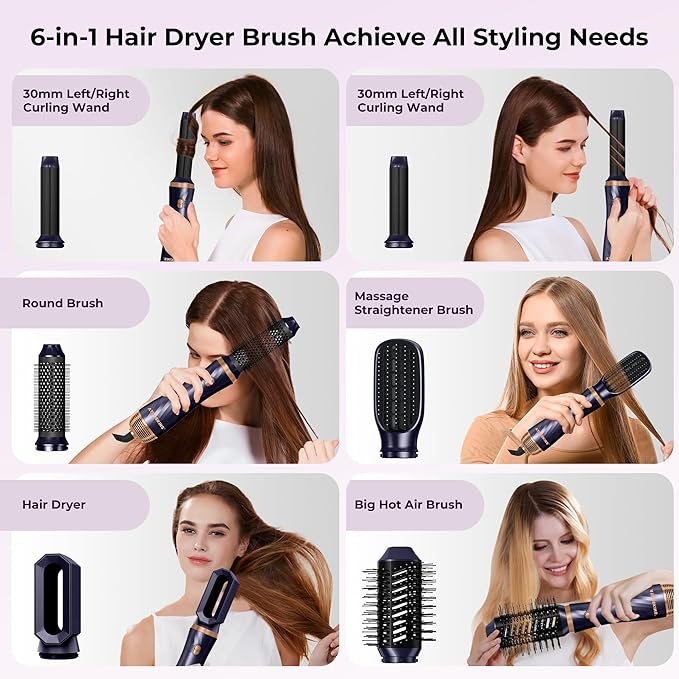 6 in 1 Hair Dryer Brush Set, Negative Ion Blow Dryer Brush Upgrade Hot Air Brush Air Styler Curling Wrap Air Curler, Curling Iron Hair Styling Tools As A Gift for Straight/Curl/Drying/Smoothing