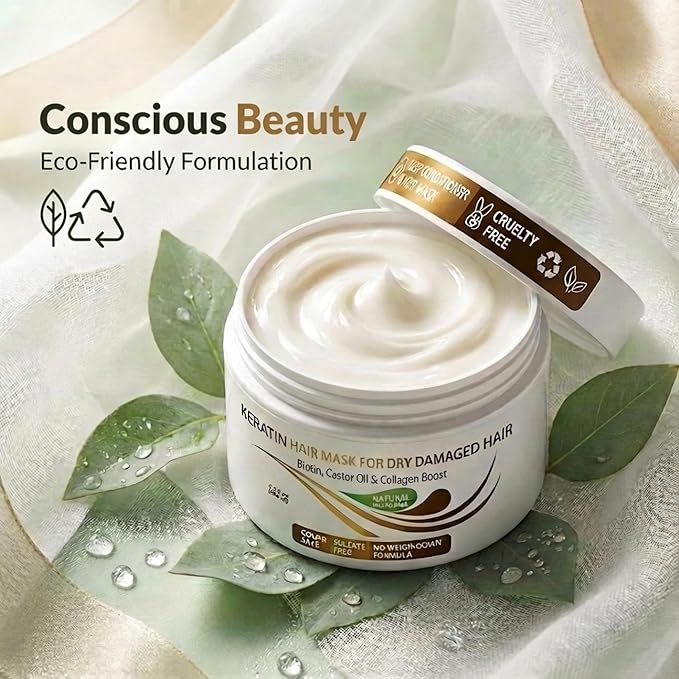 VITAMINS hair cosmetics Keratin Hair Mask - Protein Repair Keratin Treatment - Deep Conditioner for Dry, Damaged, Curly, Straight & Frizzy Hair with Biotin, Collagen & Castor Oil - 13.5 Fl Oz
