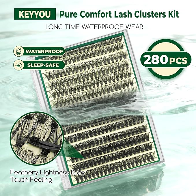 KEYYOU Lash Clusters Kit Thick Lash Extension Kit with 280pcs Super Soft 60D+80D D Curl 10-18MIX Lash Clusters for Volume Fluffy Look with Bond&Seal and Applicator DIY at Home