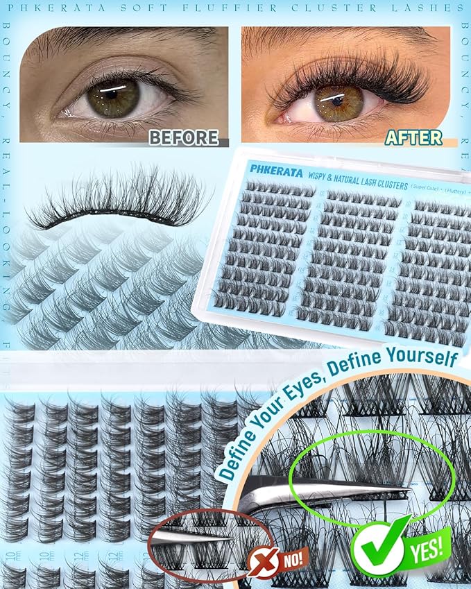 Lash Clusters Kit Natural Eyelash Clusters Wispy Lash Extension Kit 180Pcs Cluster Eyelash Extensions Kit 10-16mm C Curly Individual Lashes Soft with Lash Bond and Seal, Lash Tweezers