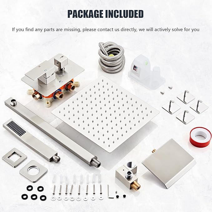 LCEVCGK Shower Faucet Set with Tub Spout, Brushed Nickel Rainfall Shower System Complete Wall Mounted for Bathroom with 12 Inch Square Shower Head and Handheld Shower Head Rain Mixer Combo Set