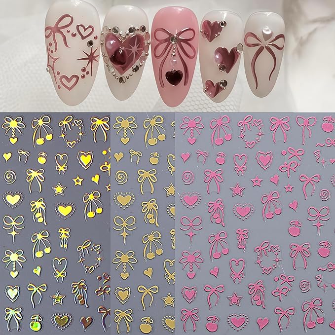 6 Sheets Heart Bow Tie Nail Art Stickers Decals 3D Self-Adhesive Bow Cherry Pegatinas Uñas Gold Pink Laser Hollow Heart Nail Supplies Y2K Star Heart Nail Art Design Decoration Accessories for Women