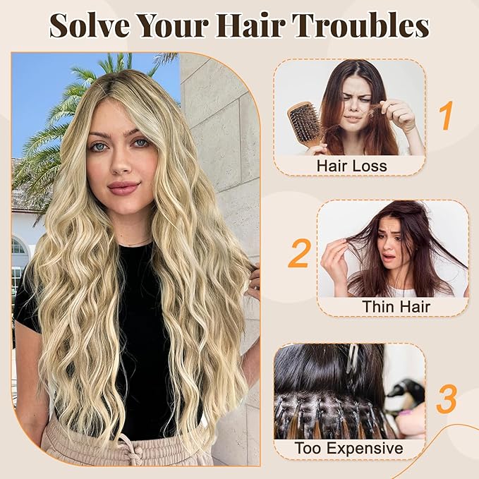 ALXNAN Clip in Long Wavy Synthetic Hair Extension 24 Inch Beach Blonde 4PCS Thick Hairpieces Fiber Double Weft Hair for Women