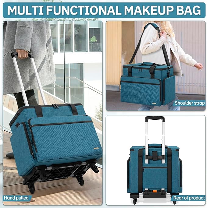 FREEAMG Extra Large Rolling Makeup Case with 4 Removable Pouches，Professional Make up Train Case with Wheels,Travel Cosmetic Bag for Hairstylists Nail Tech Makeup Artist with Detachable Trolley