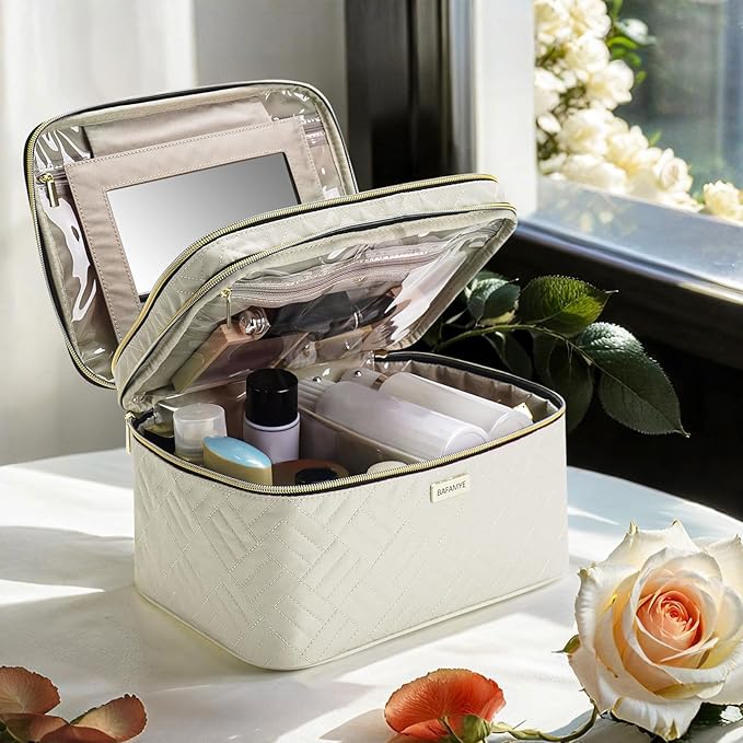 BAFAMYE 8.8L Double Layer Travel Makeup Bag With Mirror For Women, Large Cosmetic Case, Organizer for Travel-Size Accessories Bottles, Brushes,and Skin Care Products, 2.33 GAL, Beige