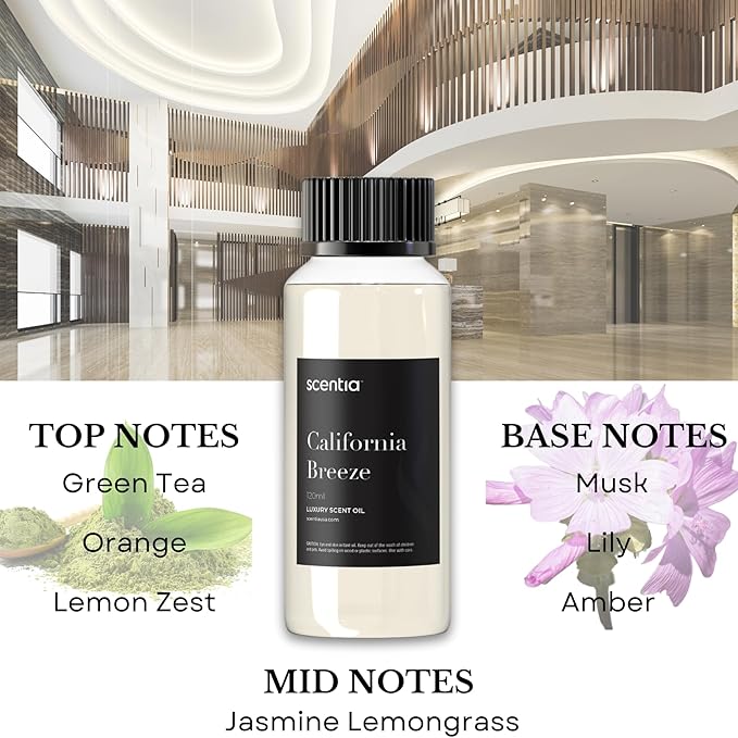 Scentia Luxury Fragrance Oil Inspired by The Delano Beach Club Hotel Scent - 120 mL 4.06 fl oz - Essential Oil Blend Orange, Green Tea for Aromatherapy Diffusers - California Breeze, Summer Scent
